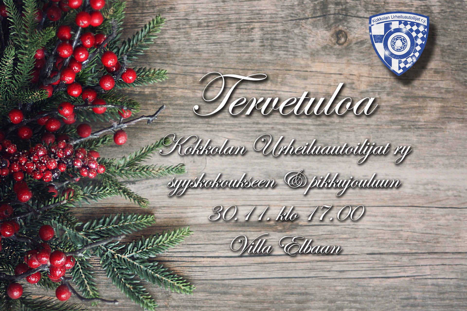 Christmas Evergreen Branches and Berries Over Rustic Wood Backgr